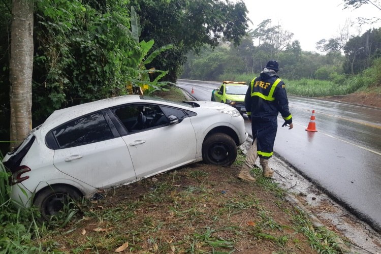 Carro sai da pista e deixa motorista ferido na BR-116, em Muriaé