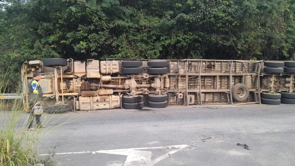 Carreta com cavaco de madeira tomba em trevo de Cataguases
