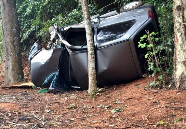 O carro bateu em árvore, subiu um barranco e parou após chocar-se novamente com o tronco de outra planta