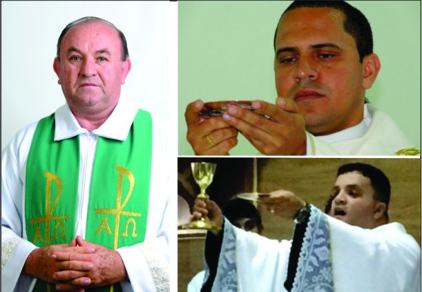 Os três padres que estão sendo transferidos para a microrregião de Cataguases: Padre Antônio (à esquerda); Padre Wanderson (acima à direita) e padre Juliano, abaixo à direita