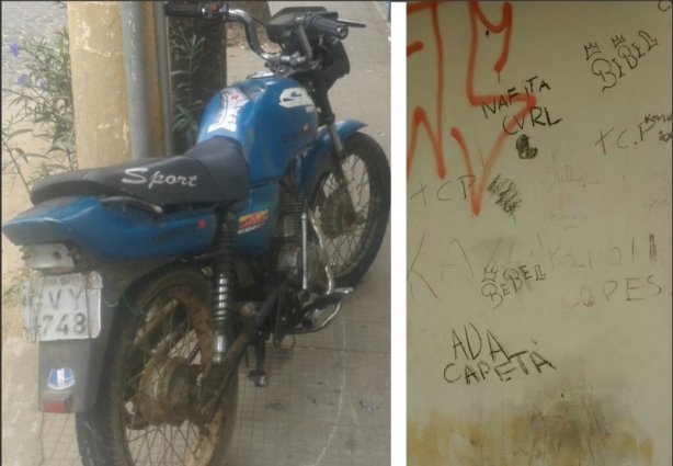 A motocicleta apreendida e parte da parede que estava sendo pichada por dois adolescentes