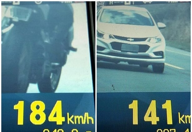 A velocidade da motocicleta, na foto a esquerda, foi registrada durante a operação da PRF