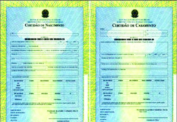 Modelos das novas certidões que estão sendo fornecidas aos cidadãos pelo Cartório de Registro Civil