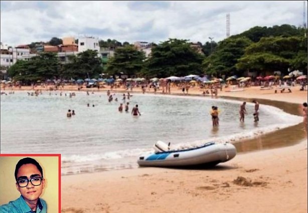 Praia dos Namorados em Iriri onde o jovem Jonathas (no destaque na foto) se afogou na manhã deste sábado, 20