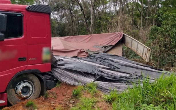 A carreta atravessou a pista, caiu numa canaleta &agrave; margem da rodovia e derramou a carga